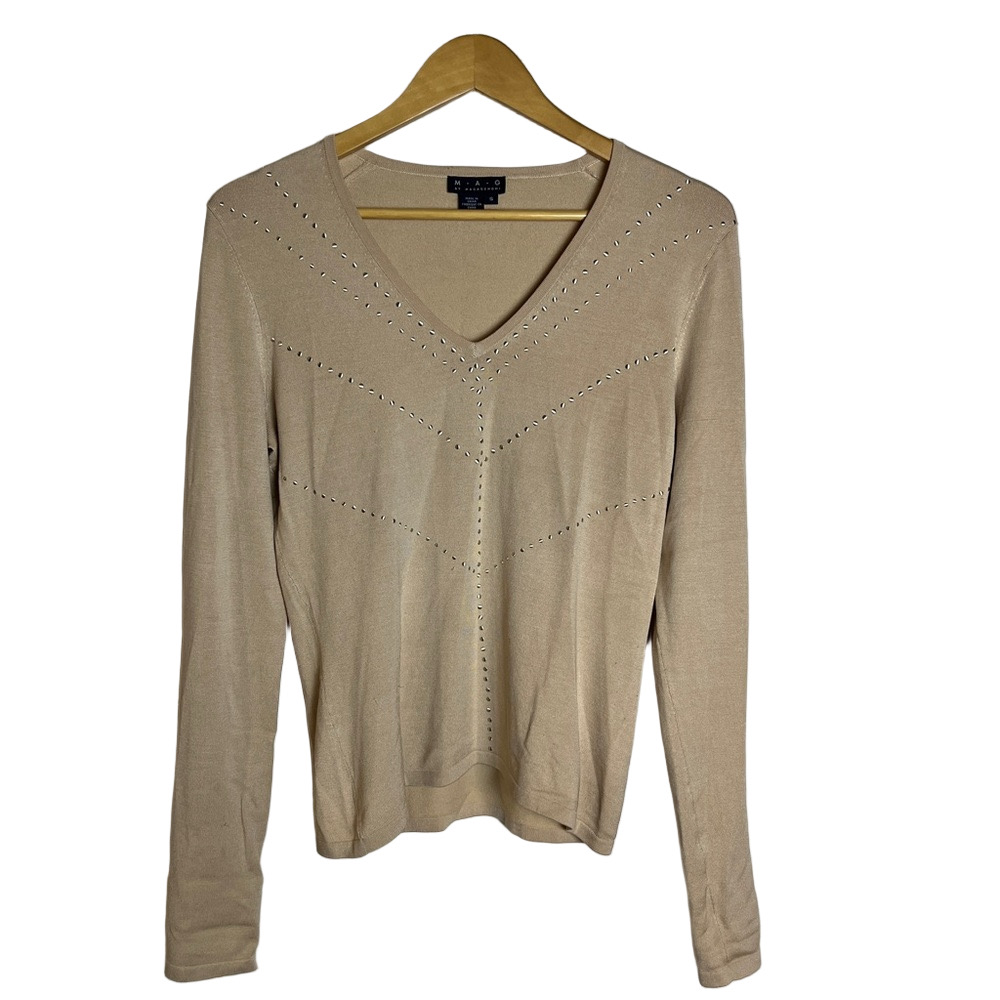 Womens Knit Pullover S Tan Silk Long Sleeve Minimalist Neutral Classic Vintage
